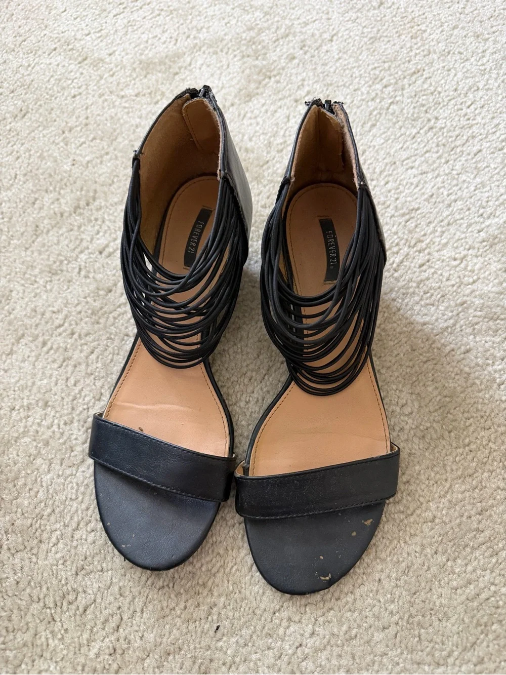 Forever 21 Black Open Toe Wedge Sandals Elastic Ankle Cuff Back Zip Size 8